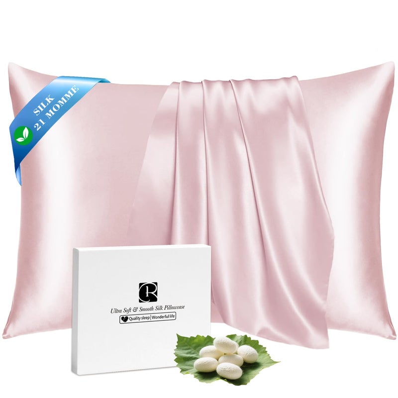 Ravmix Silk Pillow Cases with Zipper, 21momme Mulberry Silk Pillowcase for Hair Skin Health, Soft Smooth Breathable Cool Pillow Cover for Beauty Sleep with Gift Box 1PC(Standard 20"x26", Soft Pink) - Image 1